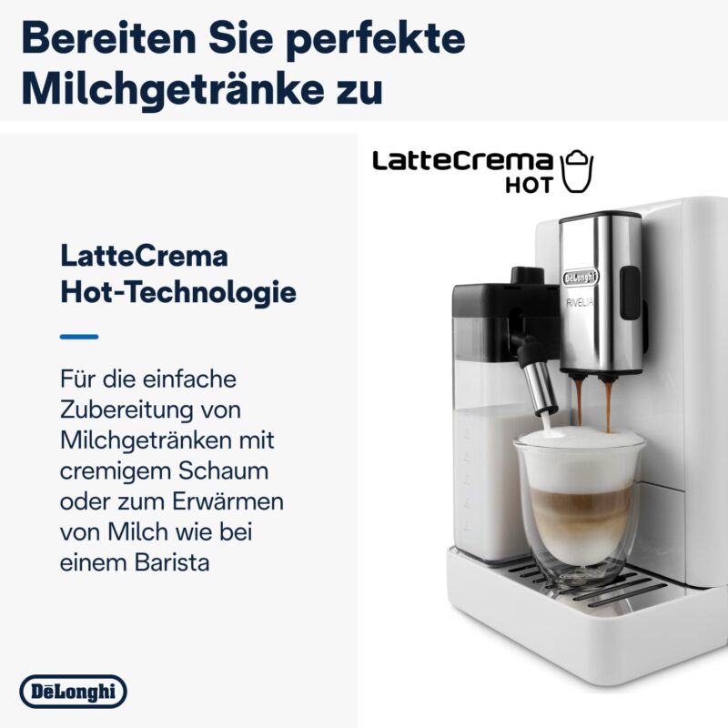 De'Longhi Rivelia EXAM440.55.W Kaffeevollautomat mit LatteCrema Milchsystem, Wechselbarer Bohnenbehälter, 16 Kaffee- & Milchgetränke auf Knopfdruck, Extra-Shot-Funktion, 3,5" Touch-Display, Weiß – Bild 6