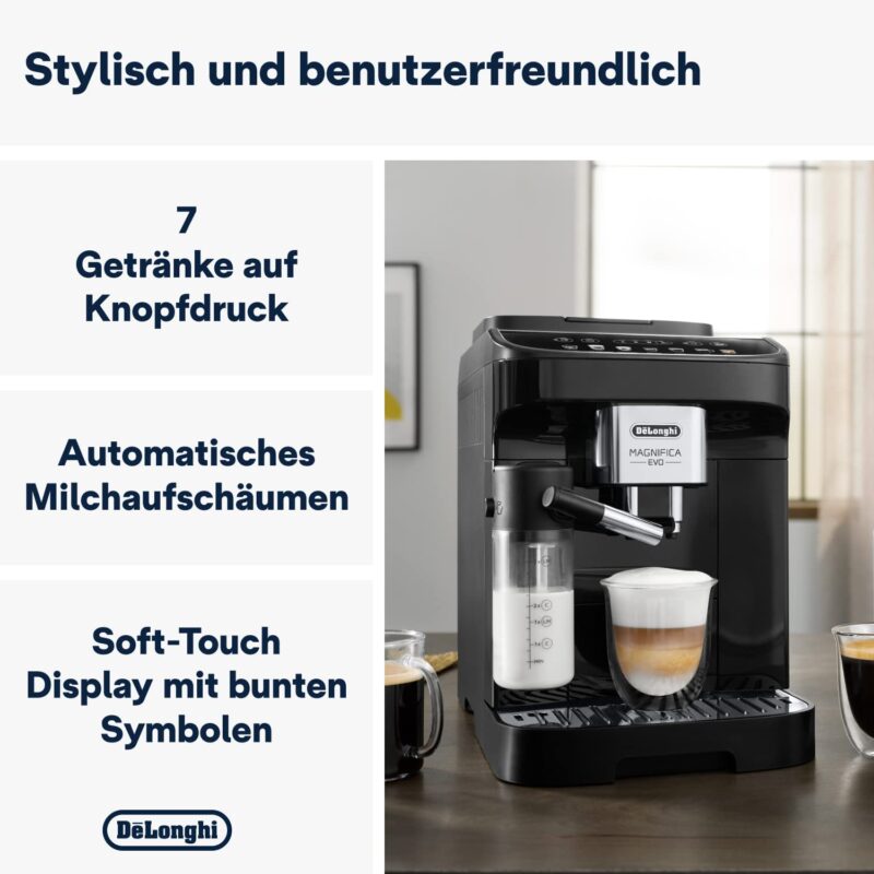 De'Longhi Magnifica Evo ECAM 292.81.B Kaffeevollautomat mit LatteCrema Milchsystem, 7 Direktwahltasten für Cappuccino, Espresso und weitere Kaffeespezialitäten, 2-Tassen-Funktion, Schwarz – Bild 8