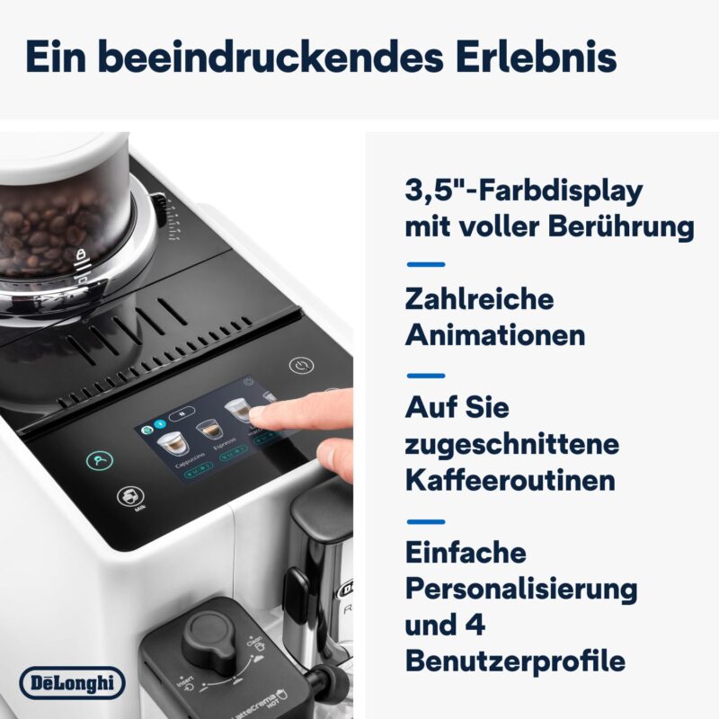 De'Longhi Rivelia EXAM440.55.W Kaffeevollautomat mit LatteCrema Milchsystem, Wechselbarer Bohnenbehälter, 16 Kaffee- & Milchgetränke auf Knopfdruck, Extra-Shot-Funktion, 3,5" Touch-Display, Weiß – Bild 4