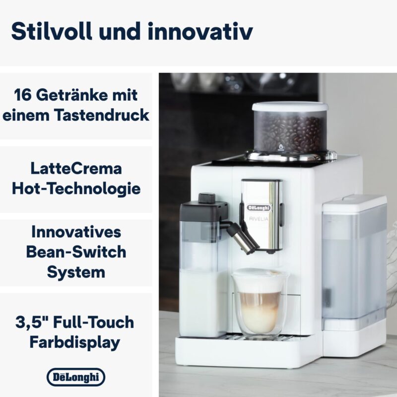 De'Longhi Rivelia EXAM440.55.W Kaffeevollautomat mit LatteCrema Milchsystem, Wechselbarer Bohnenbehälter, 16 Kaffee- & Milchgetränke auf Knopfdruck, Extra-Shot-Funktion, 3,5" Touch-Display, Weiß – Bild 8