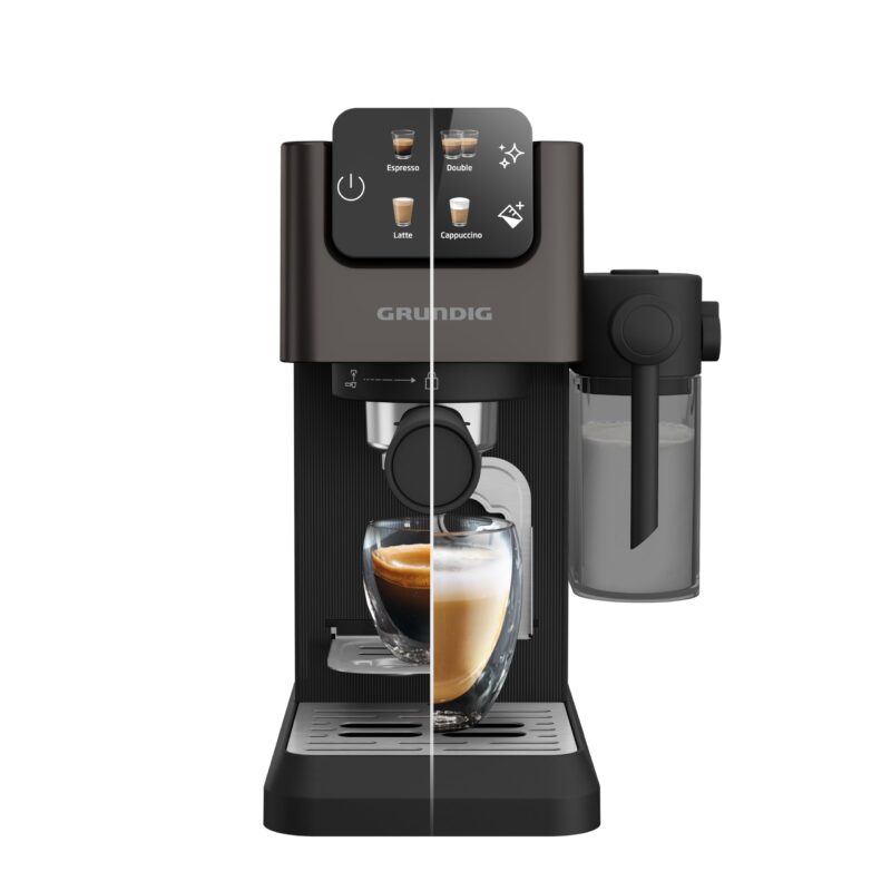 GRUNDIG KSM 5330 Siebträgermaschine mit integriertem Milchbehälter, 1628 W Leistung, 15 bar Pumpendruck, Zweifachdüse, farbiges Touch-Display, BrewSense, CreamyPro, Dark Inox/Schwarz