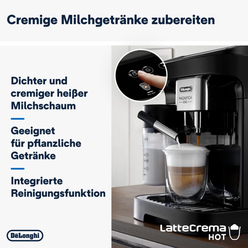 De'Longhi Magnifica Evo ECAM 292.81.B Kaffeevollautomat mit LatteCrema Milchsystem, 7 Direktwahltasten für Cappuccino, Espresso und weitere Kaffeespezialitäten, 2-Tassen-Funktion, Schwarz – Bild 7