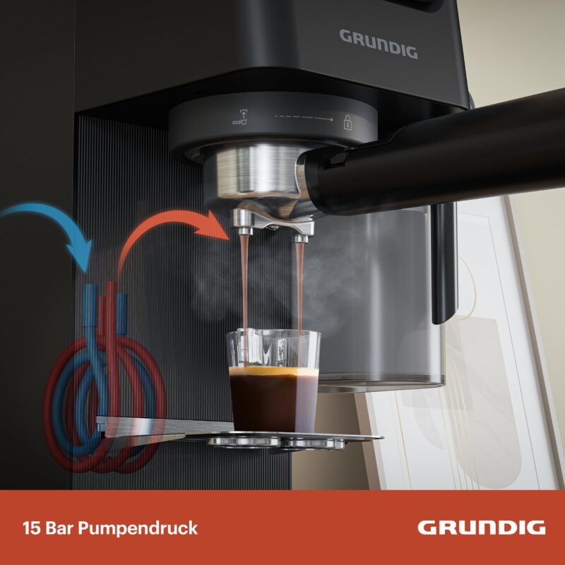 GRUNDIG KSM 5330 Siebträgermaschine mit integriertem Milchbehälter, 1628 W Leistung, 15 bar Pumpendruck, Zweifachdüse, farbiges Touch-Display, BrewSense, CreamyPro, Dark Inox/Schwarz – Bild 16