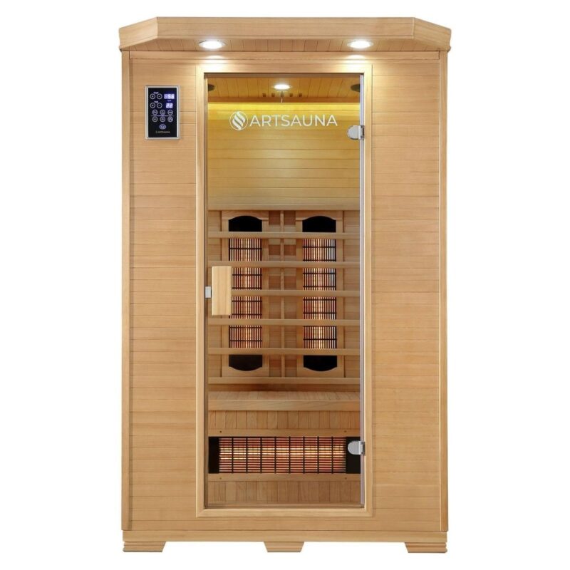 Artsauna Infrarotkabine Oslo - Wärmekabine Vollspektrumstrahler für 2 Personen - LED - Farblichttherapie - Infrarotsauna 120x100 cm aus Hemlockholz - 4260304765821