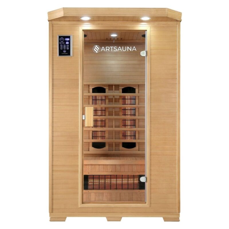 Artsauna Infrarotkabine Oslo - Wärmekabine Vollspektrumstrahler für 2 Personen - LED - Farblichttherapie - Infrarotsauna 120x100 cm aus Hemlockholz - 4260304765821