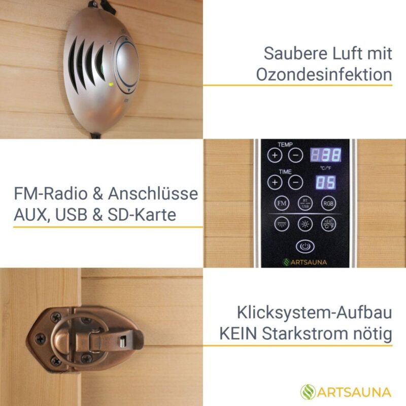 Artsauna Infrarotkabine Oslo - Wärmekabine Vollspektrumstrahler für 2 Personen - LED - Farblichttherapie - Infrarotsauna 120x100 cm aus Hemlockholz - 4260304765821