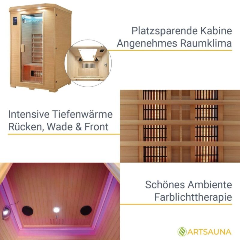 Artsauna Infrarotkabine Oslo - Wärmekabine Vollspektrumstrahler für 2 Personen - LED - Farblichttherapie - Infrarotsauna 120x100 cm aus Hemlockholz - 4260304765821