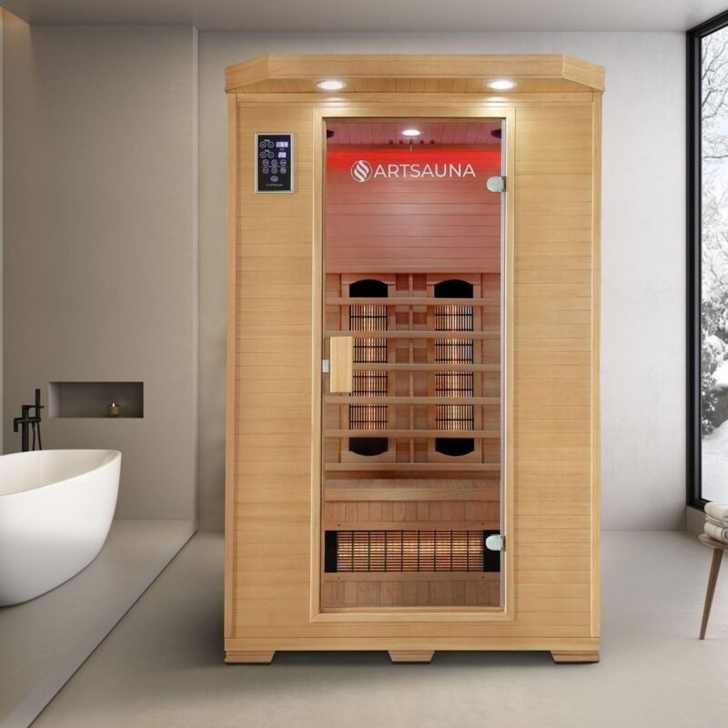 Artsauna Infrarotkabine Oslo - Wärmekabine Vollspektrumstrahler für 2 Personen - LED - Farblichttherapie - Infrarotsauna 120x100 cm aus Hemlockholz - 4260304765821