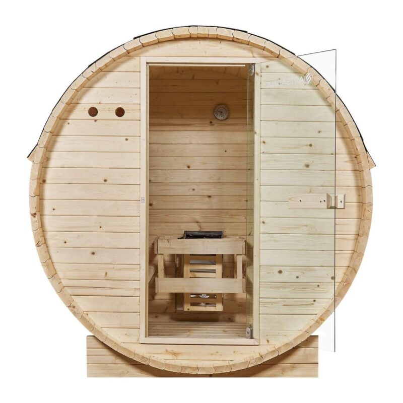 Artsauna Outdoor Fasssauna Spitzbergen 120 für 2 Personen - 3,6 kW Ofen, Saunasteine & Zubehör - Saunafass aus Fichtenholz - Außensauna Gartensauna - 4260565529644