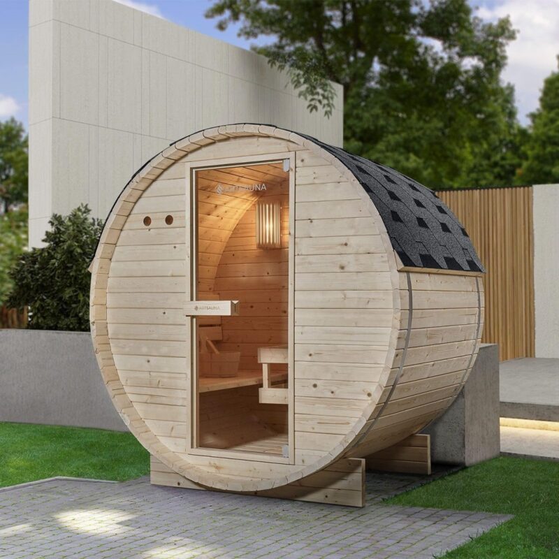 Artsauna Outdoor Fasssauna Spitzbergen 120 für 2 Personen - 3,6 kW Ofen, Saunasteine & Zubehör - Saunafass aus Fichtenholz - Außensauna Gartensauna - 4260565529644