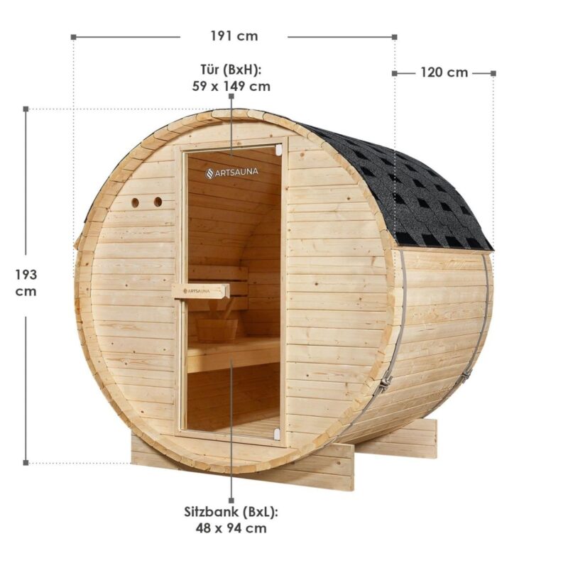 Artsauna Outdoor Fasssauna Spitzbergen 120 für 2 Personen - 3,6 kW Ofen, Saunasteine & Zubehör - Saunafass aus Fichtenholz - Außensauna Gartensauna - 4260565529644