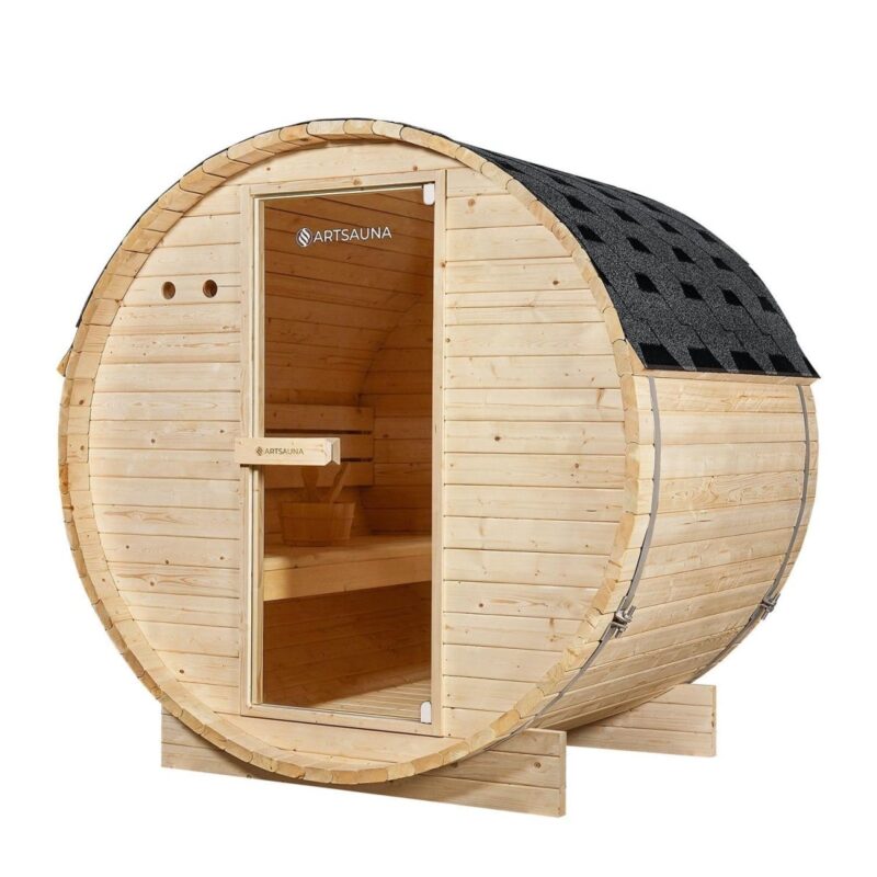 Artsauna Outdoor Fasssauna Spitzbergen 120 für 2 Personen - 3,6 kW Ofen, Saunasteine & Zubehör - Saunafass aus Fichtenholz - Außensauna Gartensauna - 4260565529644