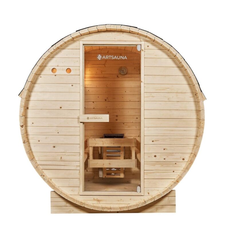 Artsauna Outdoor Fasssauna Spitzbergen 120 für 2 Personen - 3,6 kW Ofen, Saunasteine & Zubehör - Saunafass aus Fichtenholz - Außensauna Gartensauna - 4260565529644