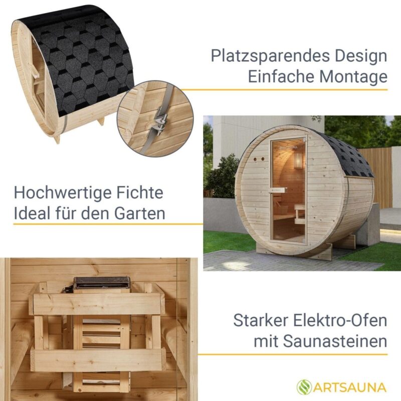 Artsauna Outdoor Fasssauna Spitzbergen 120 für 2 Personen - 3,6 kW Ofen, Saunasteine & Zubehör - Saunafass aus Fichtenholz - Außensauna Gartensauna - 4260565529644