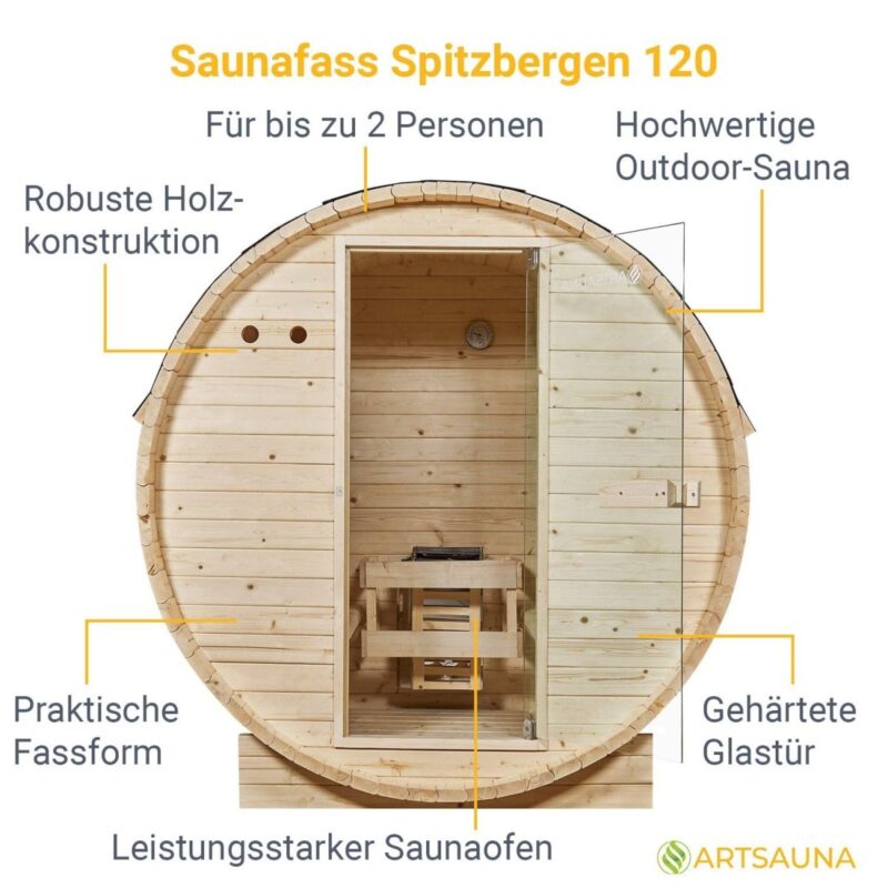 Artsauna Outdoor Fasssauna Spitzbergen 120 für 2 Personen - 3,6 kW Ofen, Saunasteine & Zubehör - Saunafass aus Fichtenholz - Außensauna Gartensauna - 4260565529644