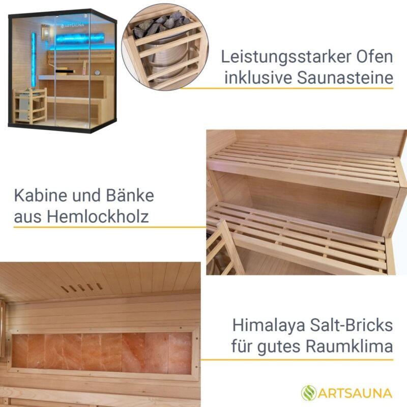 Artsauna Saunakabine Vantaa 150 mit Salzstein - Indoor Sauna 3 Personen - 4,5 kW Ofen, Glasfront, LED Licht, Thermometer & Sanduhr - Komplett Set - 4260565529552