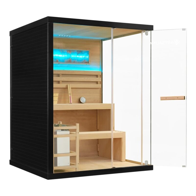 Artsauna Saunakabine Vantaa 150 mit Salzstein - Indoor Sauna 3 Personen - 4,5 kW Ofen, Glasfront, LED Licht, Thermometer & Sanduhr - Komplett Set - 4260565529552