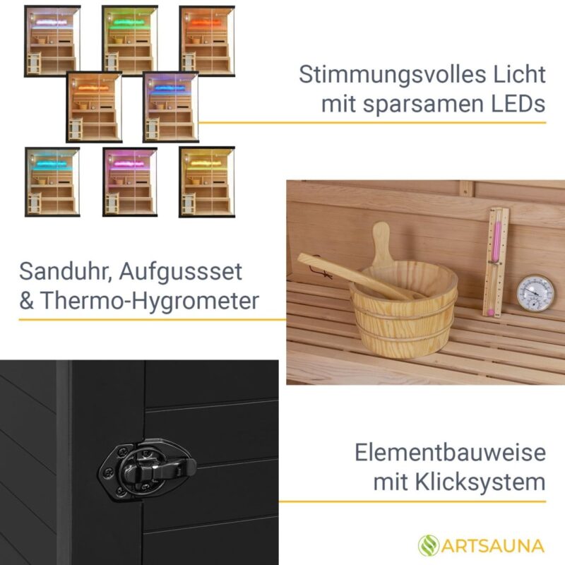 Artsauna Saunakabine Vantaa 150 mit Salzstein - Indoor Sauna 3 Personen - 4,5 kW Ofen, Glasfront, LED Licht, Thermometer & Sanduhr - Komplett Set - 4260565529552