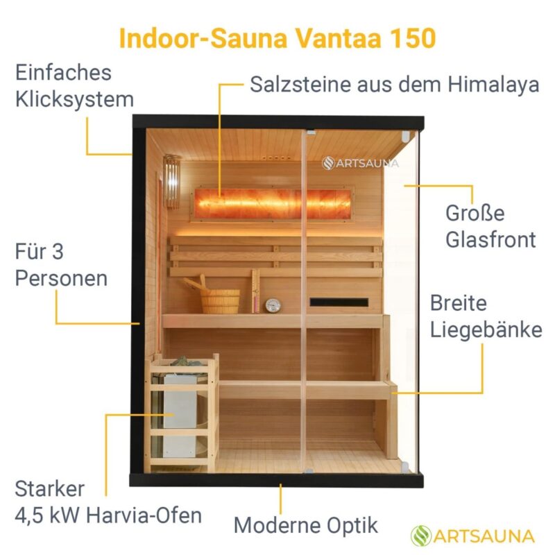 Artsauna Saunakabine Vantaa 150 mit Salzstein - Indoor Sauna 3 Personen - 4,5 kW Ofen, Glasfront, LED Licht, Thermometer & Sanduhr - Komplett Set - 4260565529552