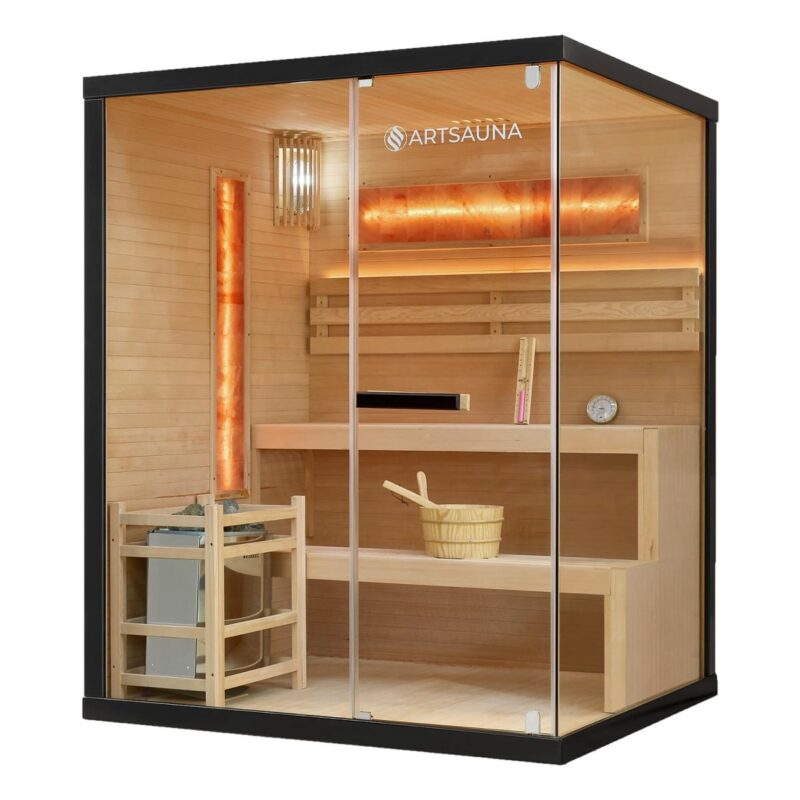 Artsauna Saunakabine Vantaa 150 mit Salzstein - Indoor Sauna 3 Personen - 4,5 kW Ofen, Glasfront, LED Licht, Thermometer & Sanduhr - Komplett Set - 4260565529552