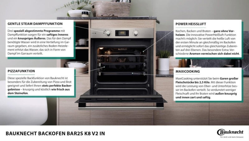 Bauknecht BAR2S K8 V2 IN Dampf - Backofen inklusive 2 - fach Backauszug/A+/71 L Maxi - Garraum/Heißluft/Gentle Steam mit Feuchtigkeitszugabe/Einfaches Reinigen mit SmartClean - Innenraum, Edelstahl - 4011577840452