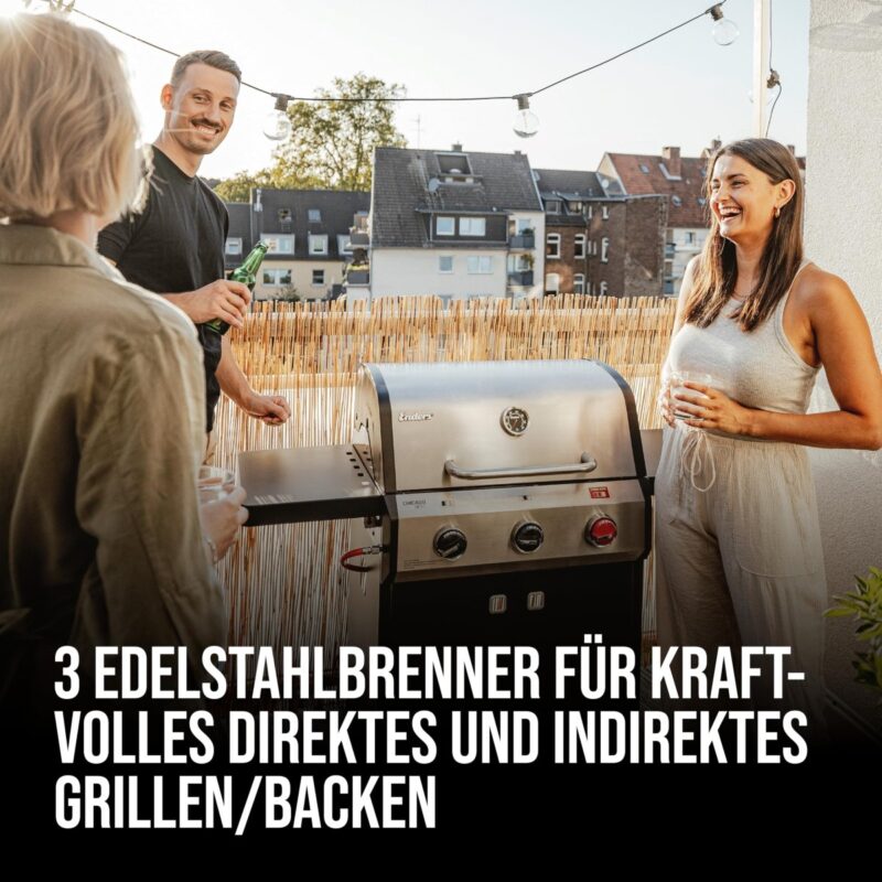 Enders® Gasgrill Chicago Next 3 R Turbo, 3 - Edelstahlbrenner, doppelwandige Garhaube, 2 abklappbare Seitenablagen, integriertes Thermometer, 10,6 kW Switch Grid™, 800° Grad Turbo Zone™ #89346 - 4000591010699