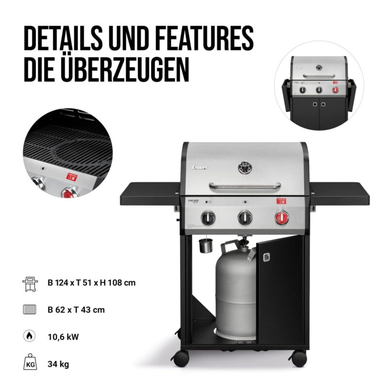 Enders® Gasgrill Chicago Next 3 R Turbo, 3 - Edelstahlbrenner, doppelwandige Garhaube, 2 abklappbare Seitenablagen, integriertes Thermometer, 10,6 kW Switch Grid™, 800° Grad Turbo Zone™ #89346 - 4000591010699