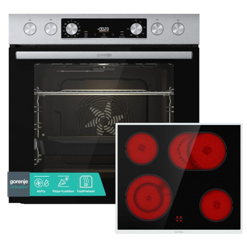 Gorenje Einbauherd - Set Heißluft Inox Set 4 mit Glaskeramik - Kochfeld / 77 Liter / ExtraSteam / GentleClose & Open / EcoClean / AirFry / PizzaMode / PerfectGrill / Teleskopauszüge / Inox - Look - 3838782523779