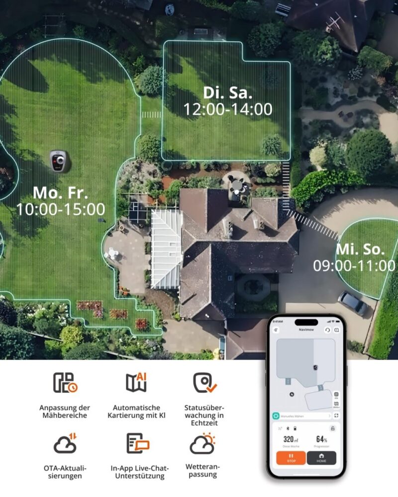 Navimow i105E Mähroboter ohne Begrenzungskabel Max. bis zu 600 m², RTK+Vision Rasenmäher Roboter, Igelschutz Rasenroboter, KI Automatische Kartierung, Virtuelle Begrenzung, Mehrzonen - Management -